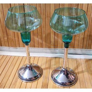 Sterling Silver Teal / Aqua? Blue MCM Art Glass Duchin Creations Candle Holders